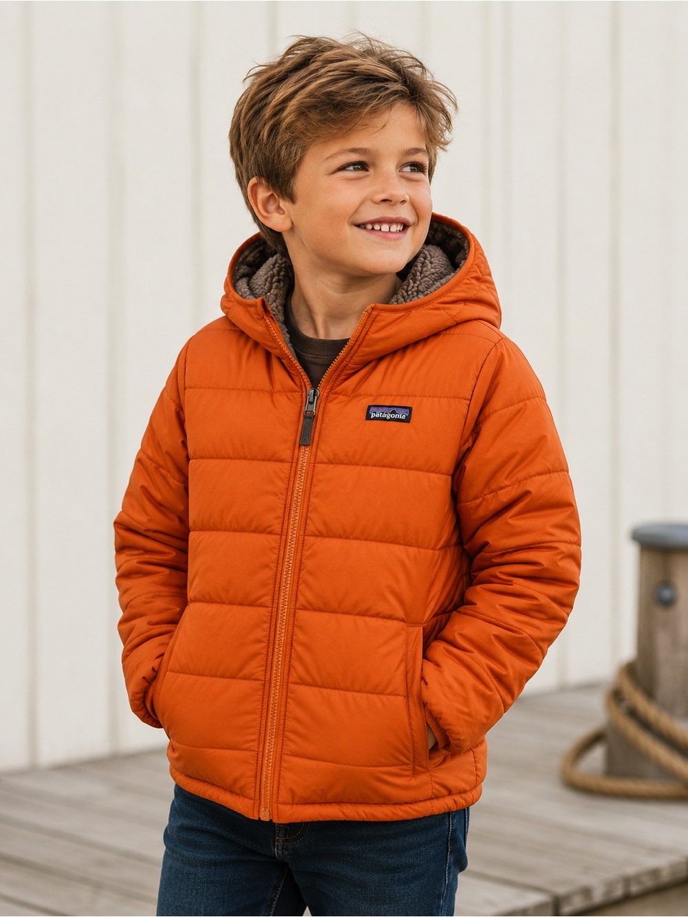 Patagonia Kids Unisex Freddy Reversible Jacket Orange/Tan Sz XL 14